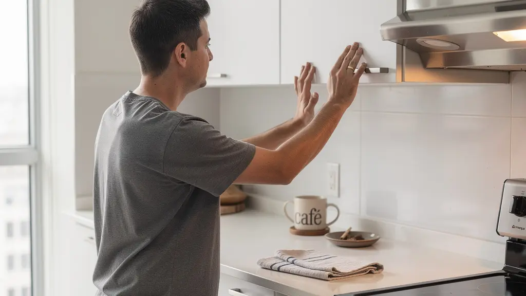 Propriétaire inspectant sa cuisine rénovée dans un condo québécois